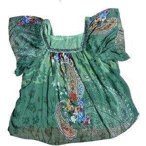 Taillissime Paisley  Floral Green Sheer Beaded Boho Tunic Top 34W Women's
